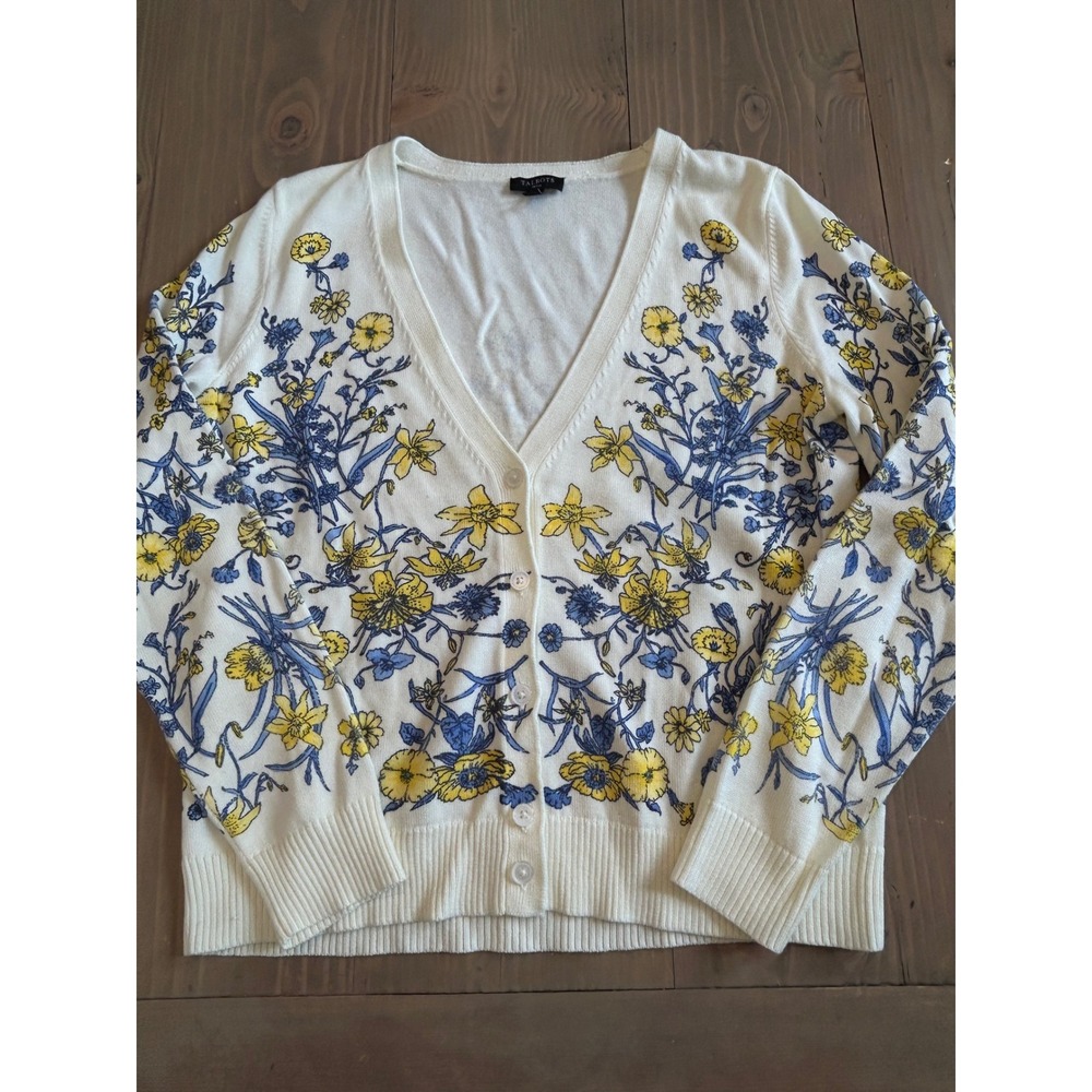 F44 Talbots Petite Cardigan Sweater SP Ivory Yellow Blue Floral Print V-Neck
